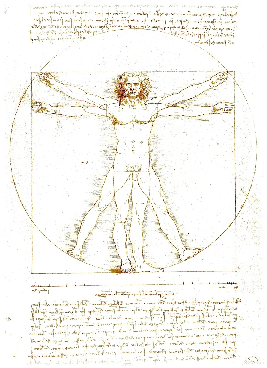 Leonardo da Vinci's Vitruvian Man: a male figure in two superimposed poses inscribed within a circle and a square, with mirror-script notes above and below.